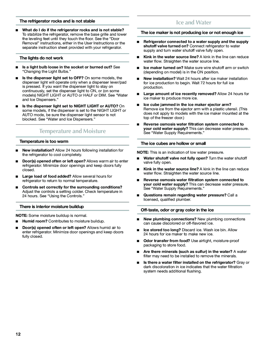 Maytag W10321481A installation instructions Temperature and Moisture, Ice and Water 