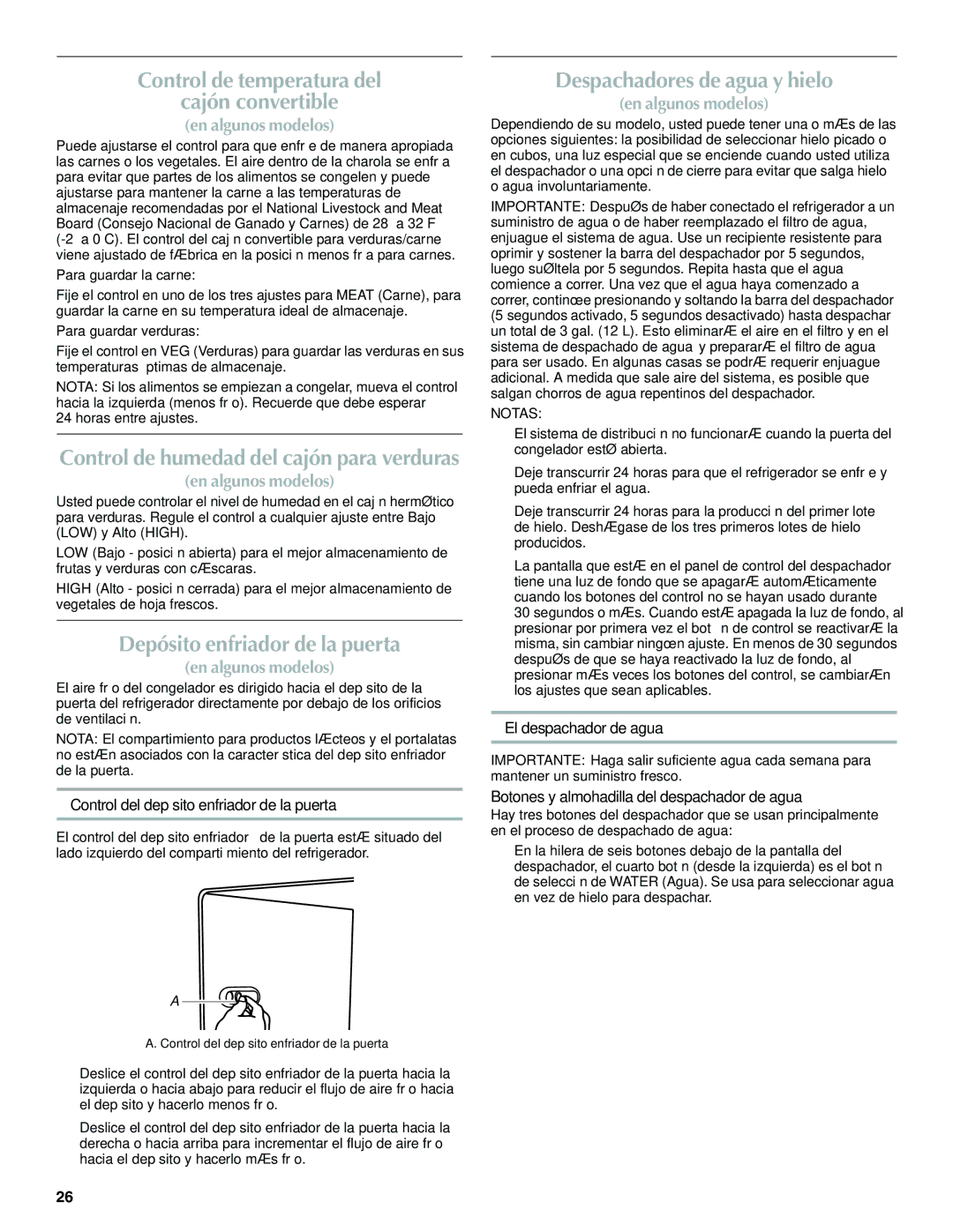 Maytag W10321481A installation instructions Control de temperatura del Cajón convertible, Depósito enfriador de la puerta 