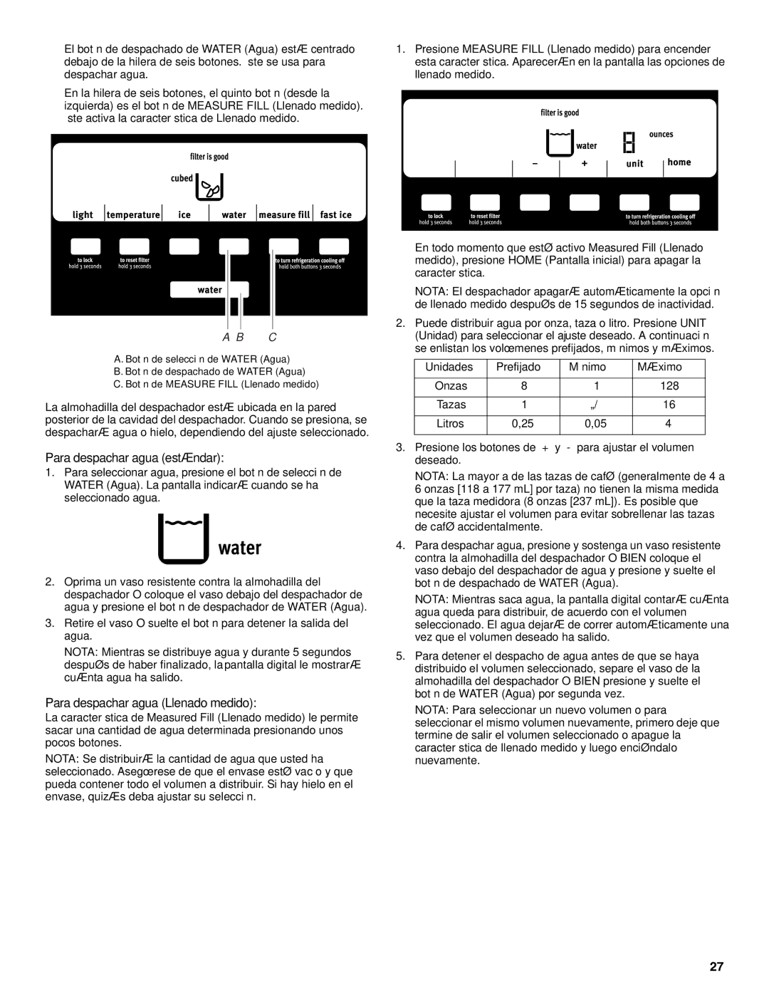 Maytag W10321481A Para despachar agua estándar, Para despachar agua Llenado medido, Unidades Prefijado Mínimo Máximo 