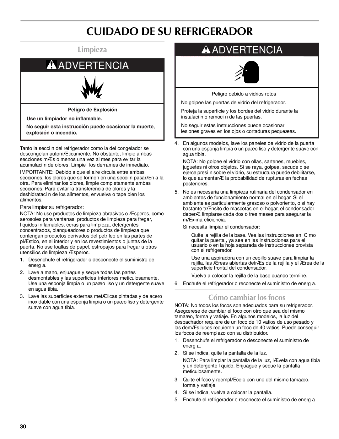 Maytag W10321481A Cuidado DE SU Refrigerador, Limpieza, Cómo cambiar los focos, Para limpiar su refrigerador 