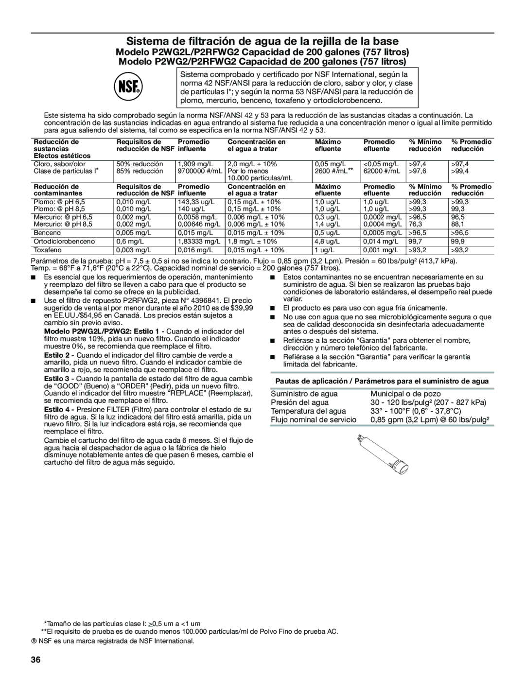 Maytag W10321481A installation instructions Sistema de filtración de agua de la rejilla de la base 