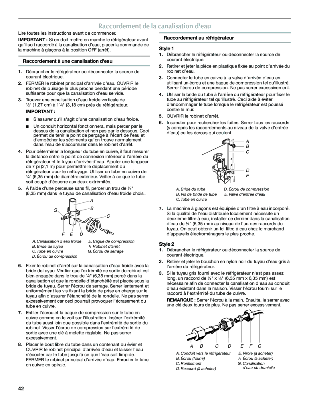 Maytag W10321481A installation instructions Raccordement de la canalisation deau, Raccordement à une canalisation d’eau 