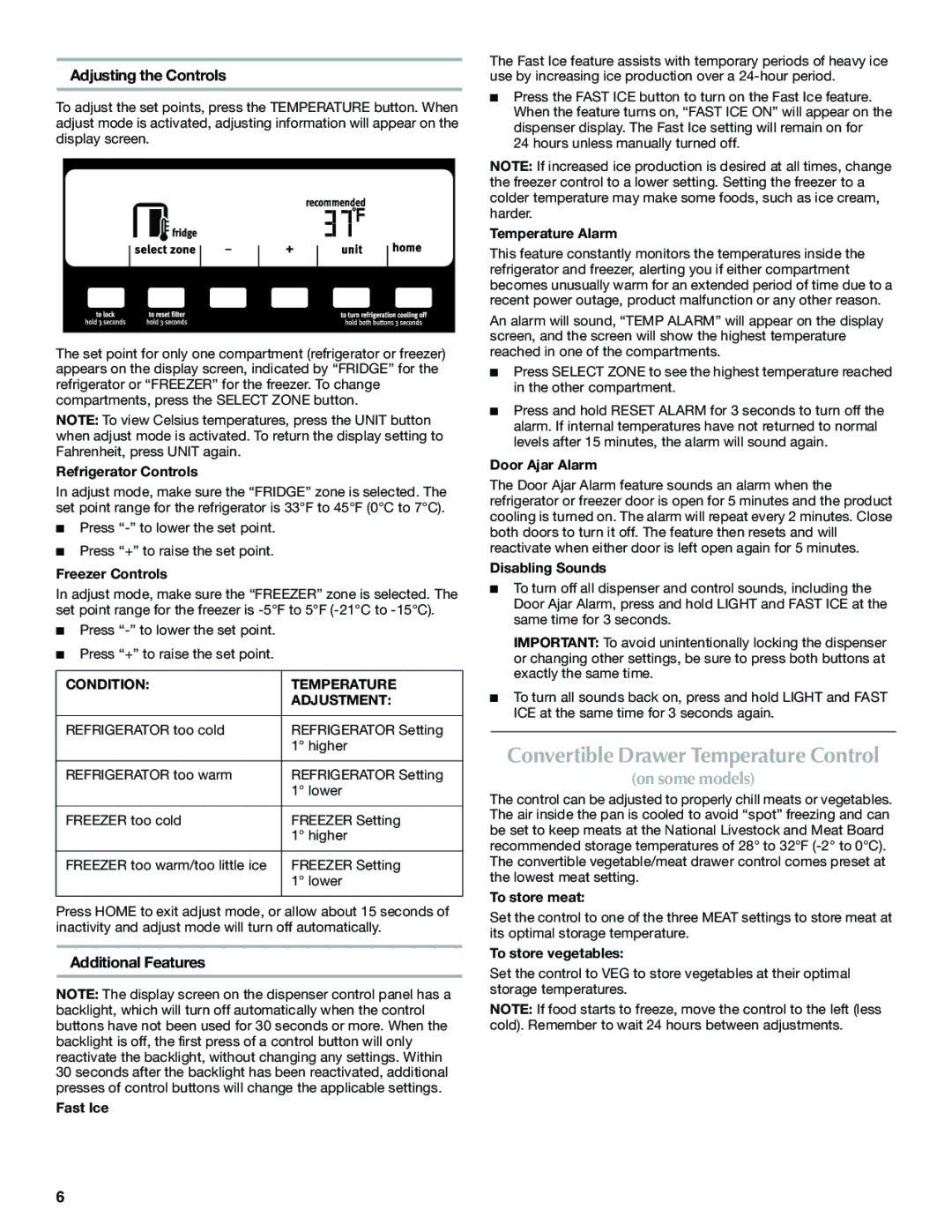 Maytag W10321481A Convertible Drawer Temperature Control, Adjusting the Controls, Additional Features 