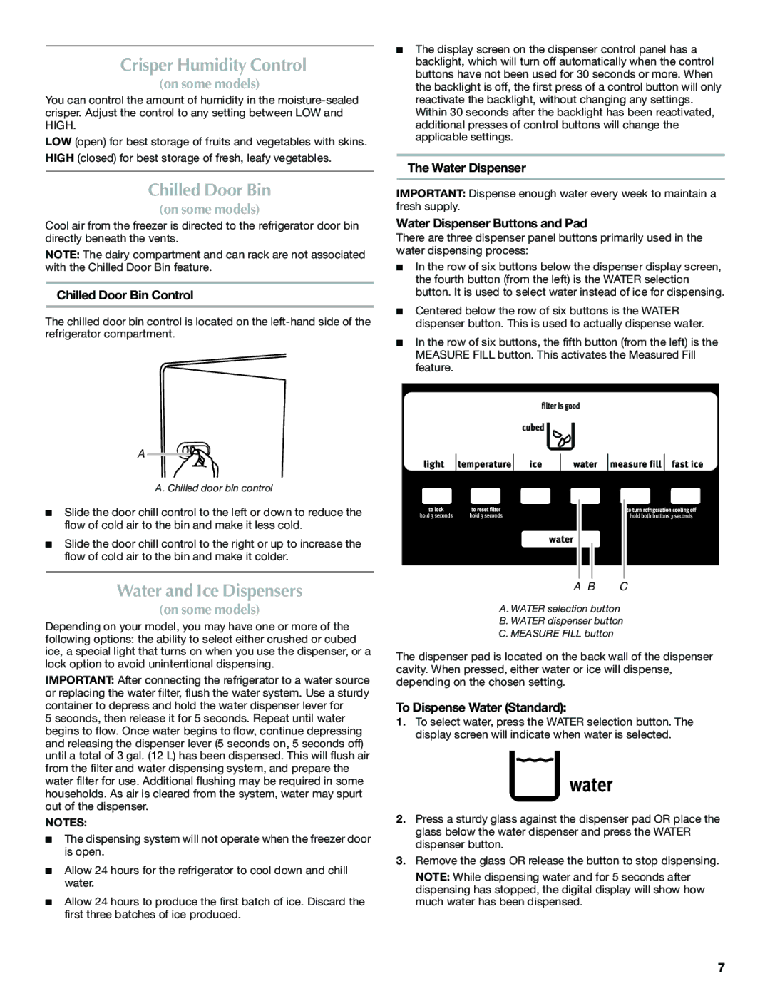 Maytag W10321481A installation instructions Crisper Humidity Control, Chilled Door Bin, Water and Ice Dispensers 