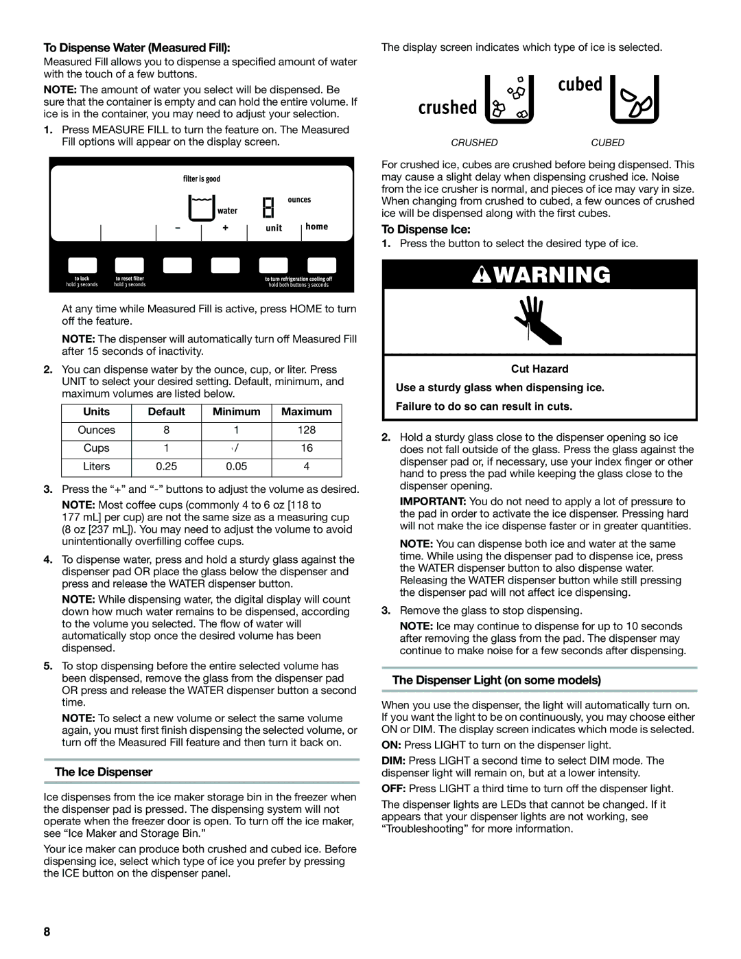 Maytag W10321481A To Dispense Water Measured Fill, Ice Dispenser, To Dispense Ice, Dispenser Light on some models 