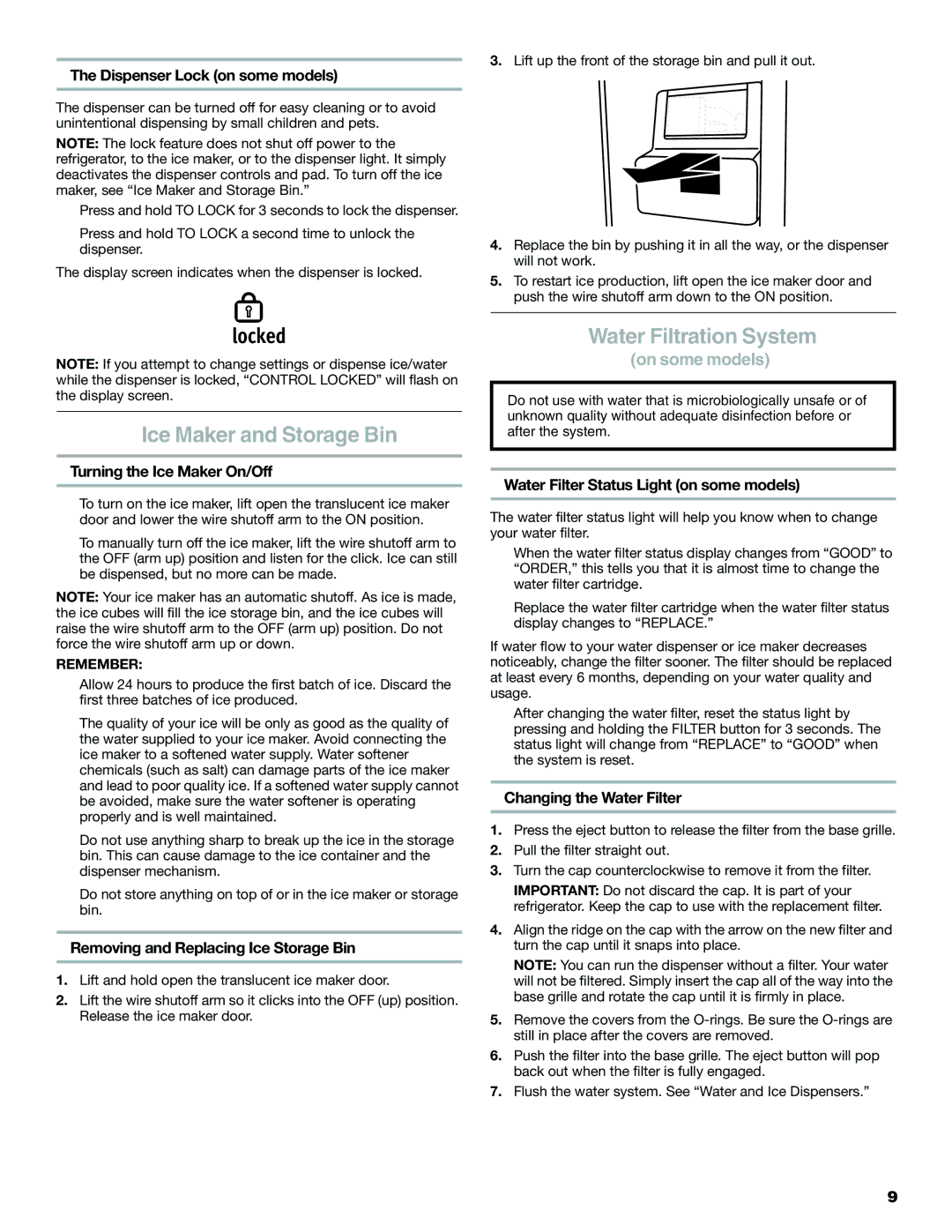 Maytag W10321481A installation instructions Ice Maker and Storage Bin, Water Filtration System 