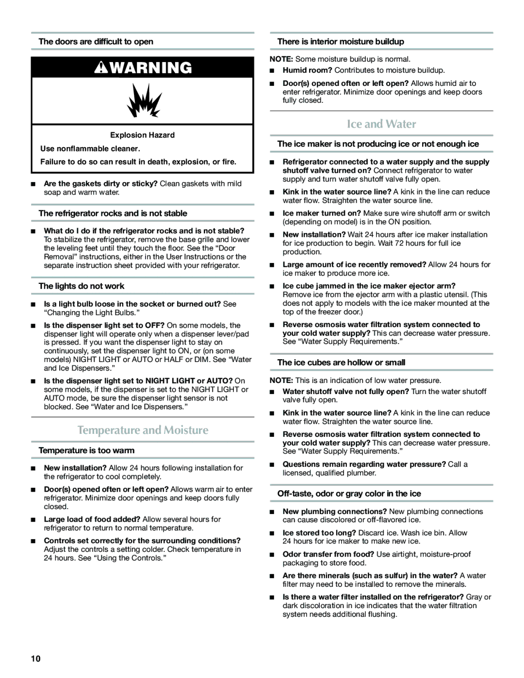 Maytag W10321482A installation instructions Temperature and Moisture, Ice and Water 