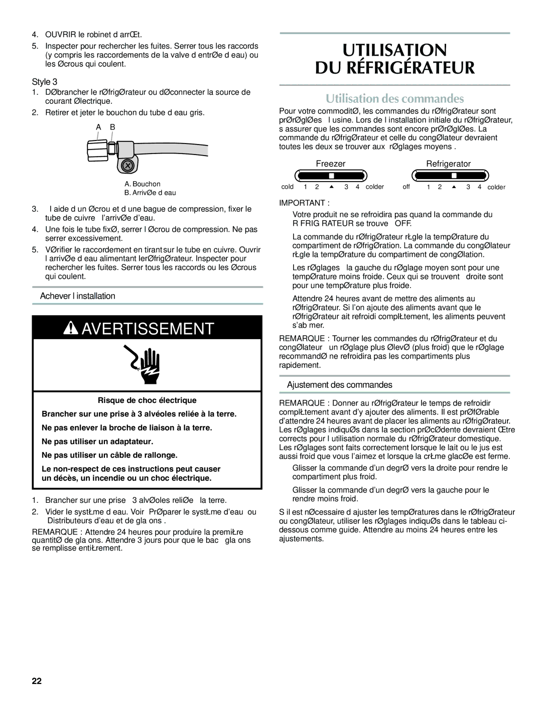 Maytag W10321482A installation instructions Utilisation DU Réfrigérateur, Utilisation des commandes, Achever l’installation 