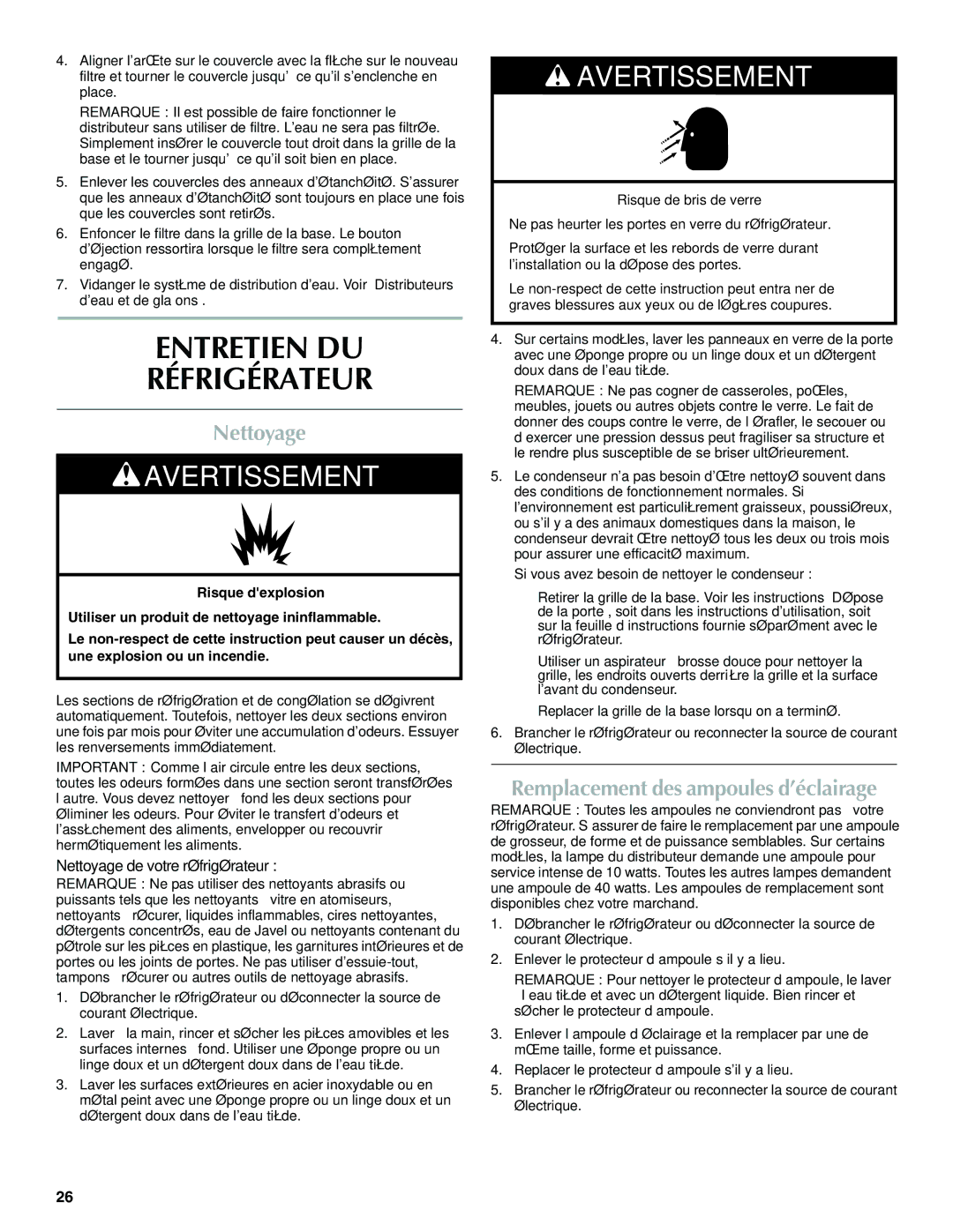 Maytag W10321482A installation instructions Entretien DU Réfrigérateur, Nettoyage, Remplacement des ampoules d’éclairage 