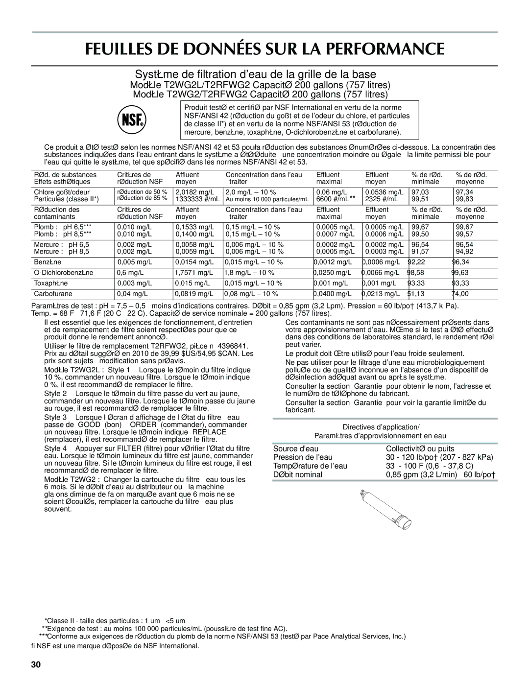 Maytag W10321482A Feuilles DE Données SUR LA Performance, Système de filtration deau de la grille de la base 