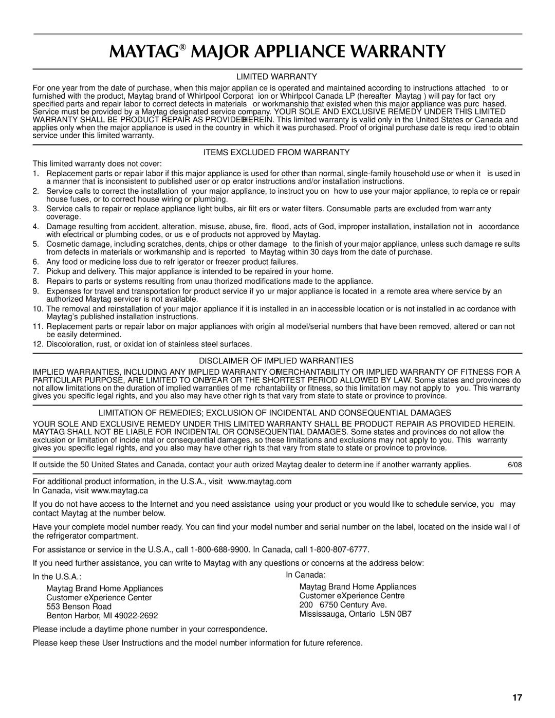 Maytag W10321483A installation instructions Maytag Major Appliance Warranty, Limited Warranty, Items Excluded from Warranty 