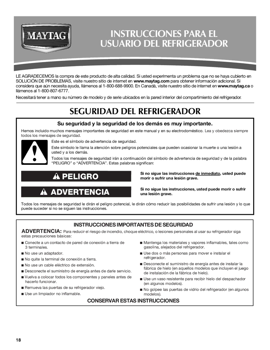 Maytag W10321483A installation instructions Instrucciones Para EL Usuario DEL Refrigerador, Seguridad DEL Refrigerador 