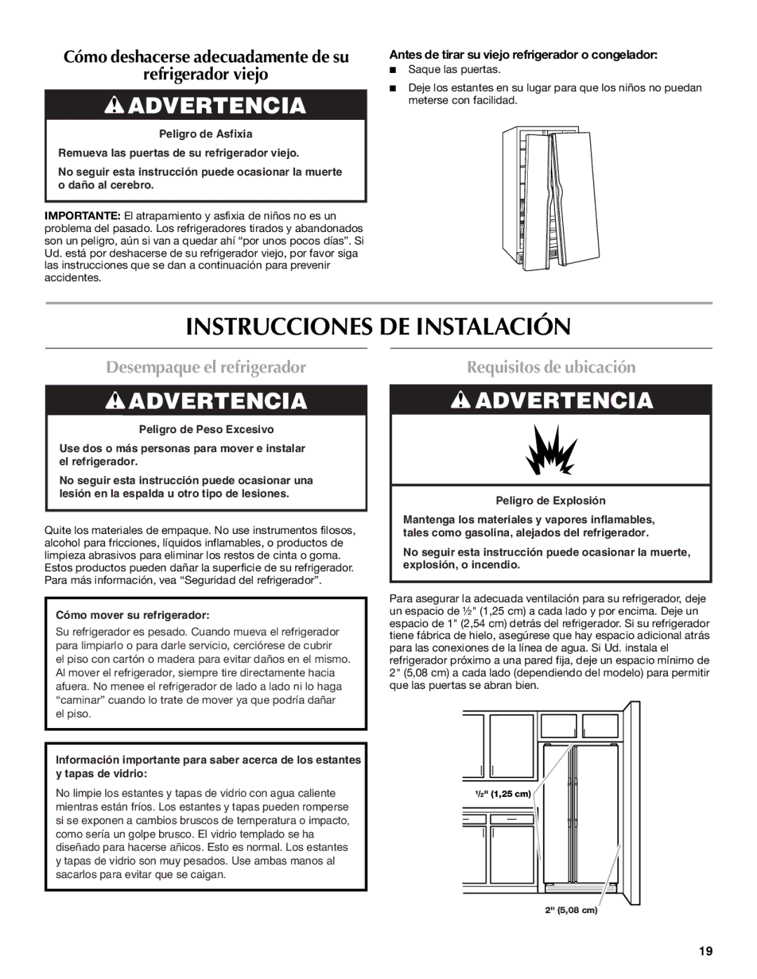 Maytag W10321483A Instrucciones DE Instalación, Desempaque el refrigerador, Requisitos de ubicación 