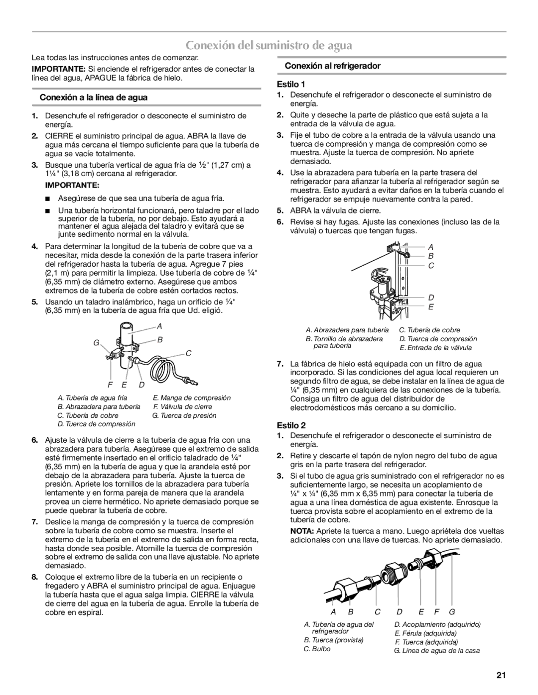 Maytag W10321483A Conexión del suministro de agua, Conexión a la línea de agua, Conexión al refrigerador Estilo 