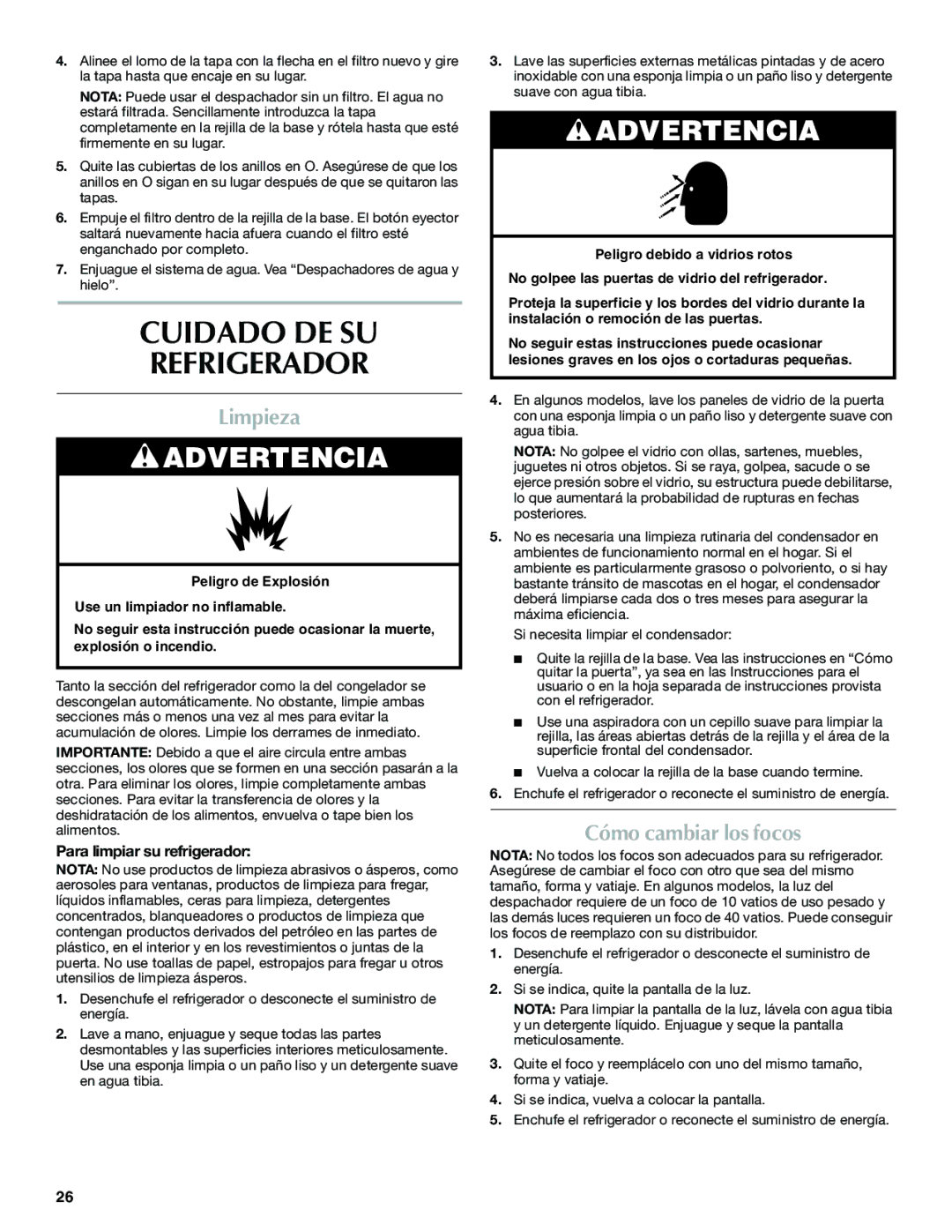 Maytag W10321483A Cuidado DE SU Refrigerador, Limpieza, Cómo cambiar los focos, Para limpiar su refrigerador 