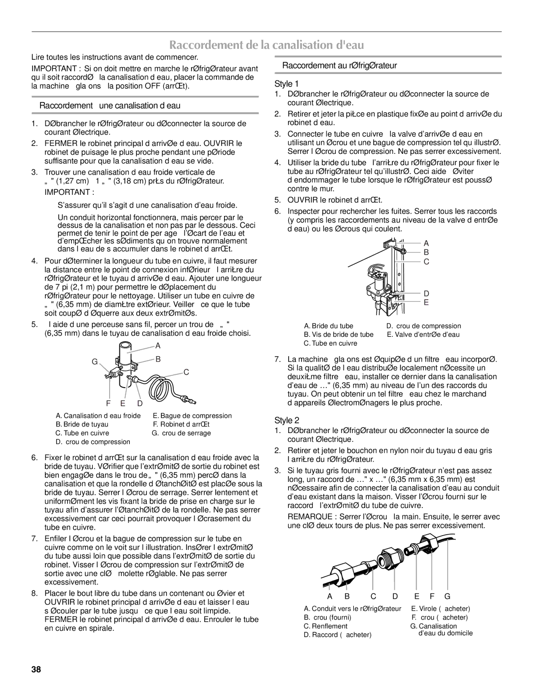 Maytag W10321483A installation instructions Raccordement de la canalisation deau, Raccordement à une canalisation d’eau 