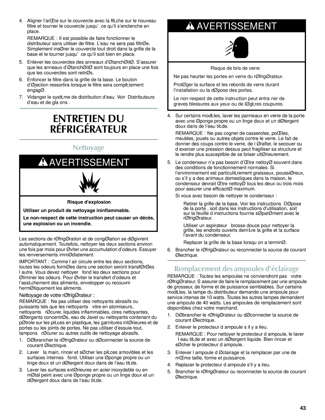 Maytag W10321483A installation instructions Entretien DU Réfrigérateur, Nettoyage, Remplacement des ampoules d’éclairage 