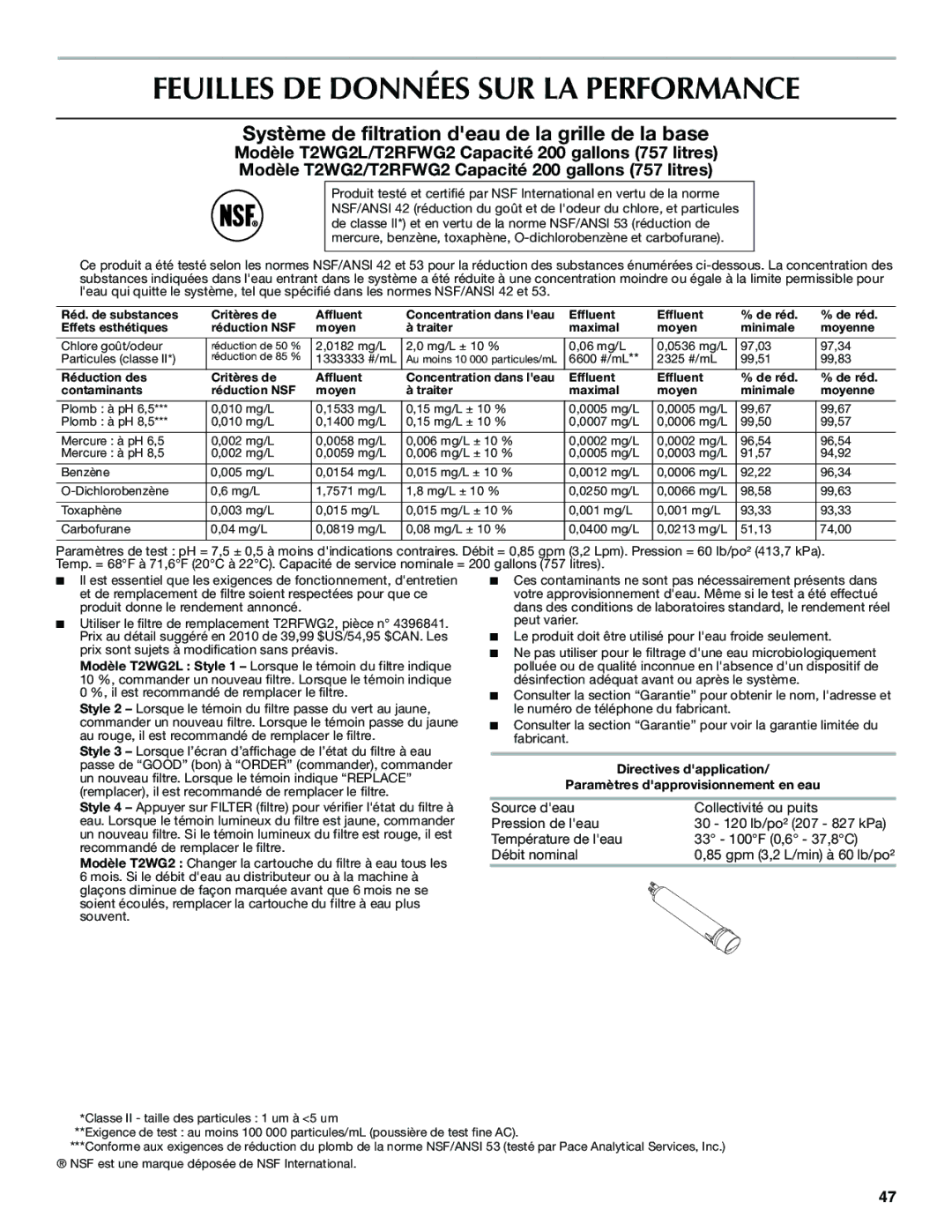 Maytag W10321483A Feuilles DE Données SUR LA Performance, Système de filtration deau de la grille de la base 