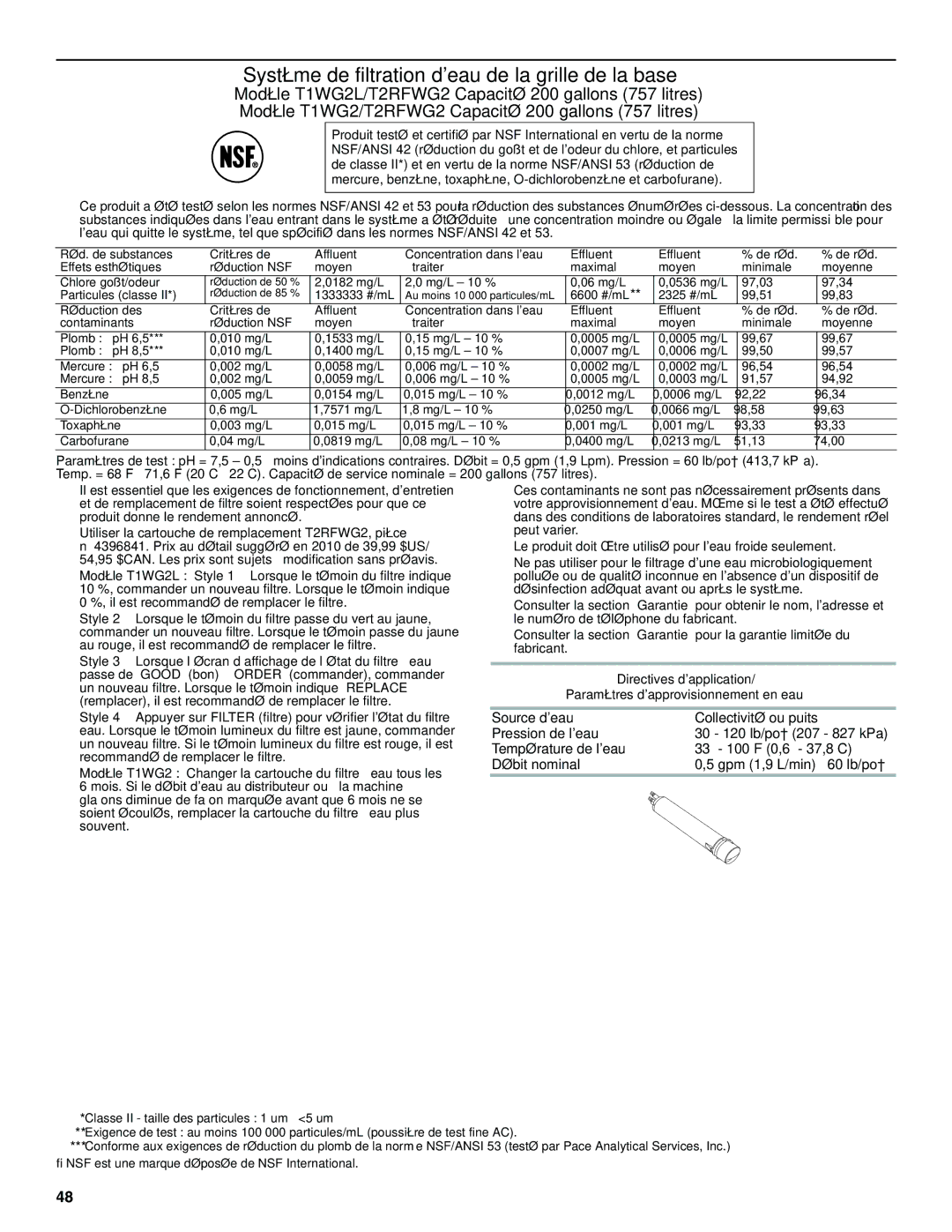 Maytag W10321483A installation instructions Système de filtration deau de la grille de la base 