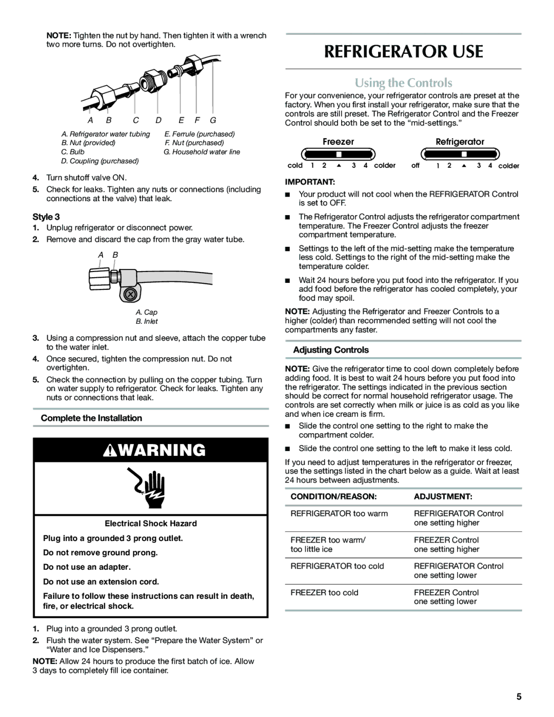 Maytag W10321483A Refrigerator USE, Using the Controls, Complete the Installation, Adjusting Controls 