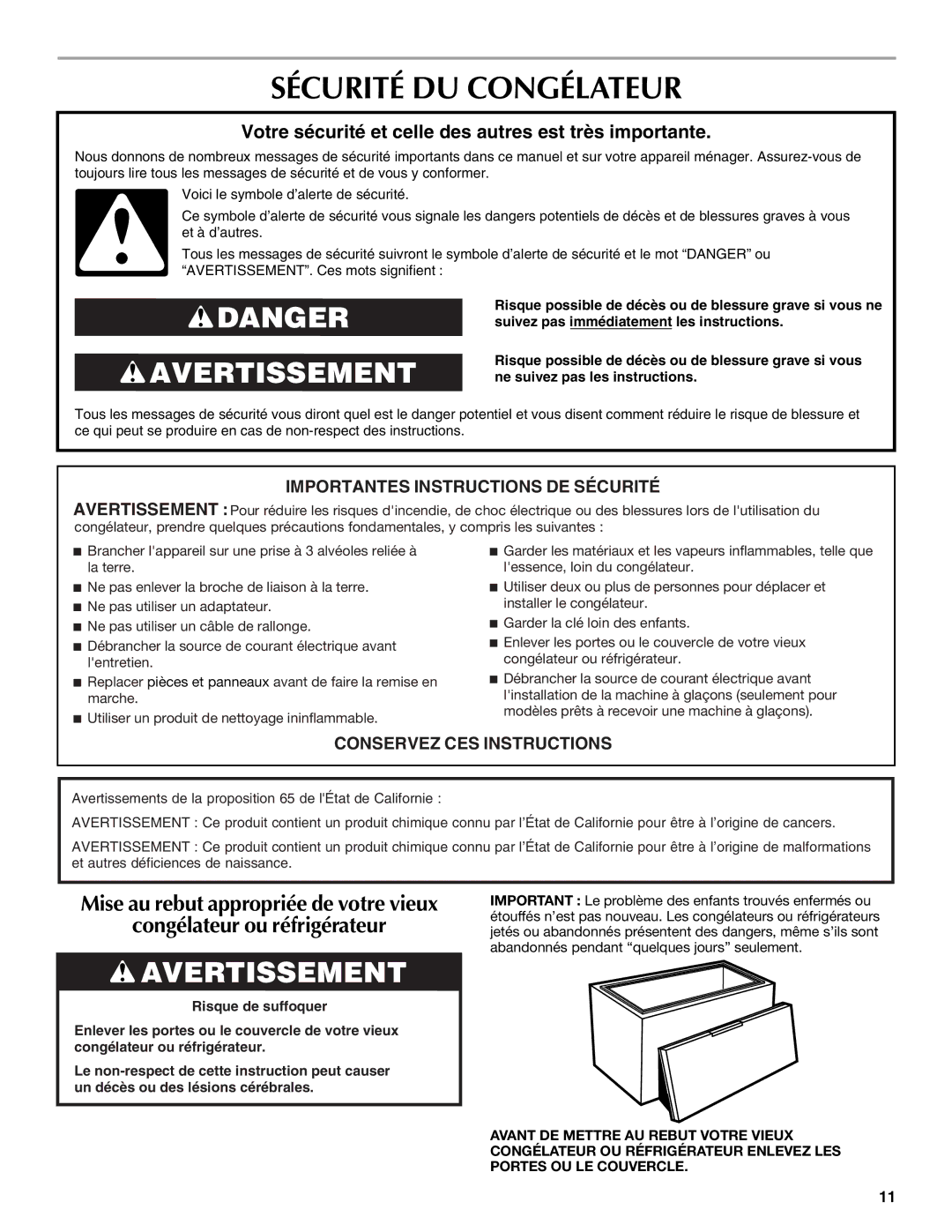 Maytag W10326795A manual Sécurité DU Congélateur, Votre sécurité et celle des autres est très importante 