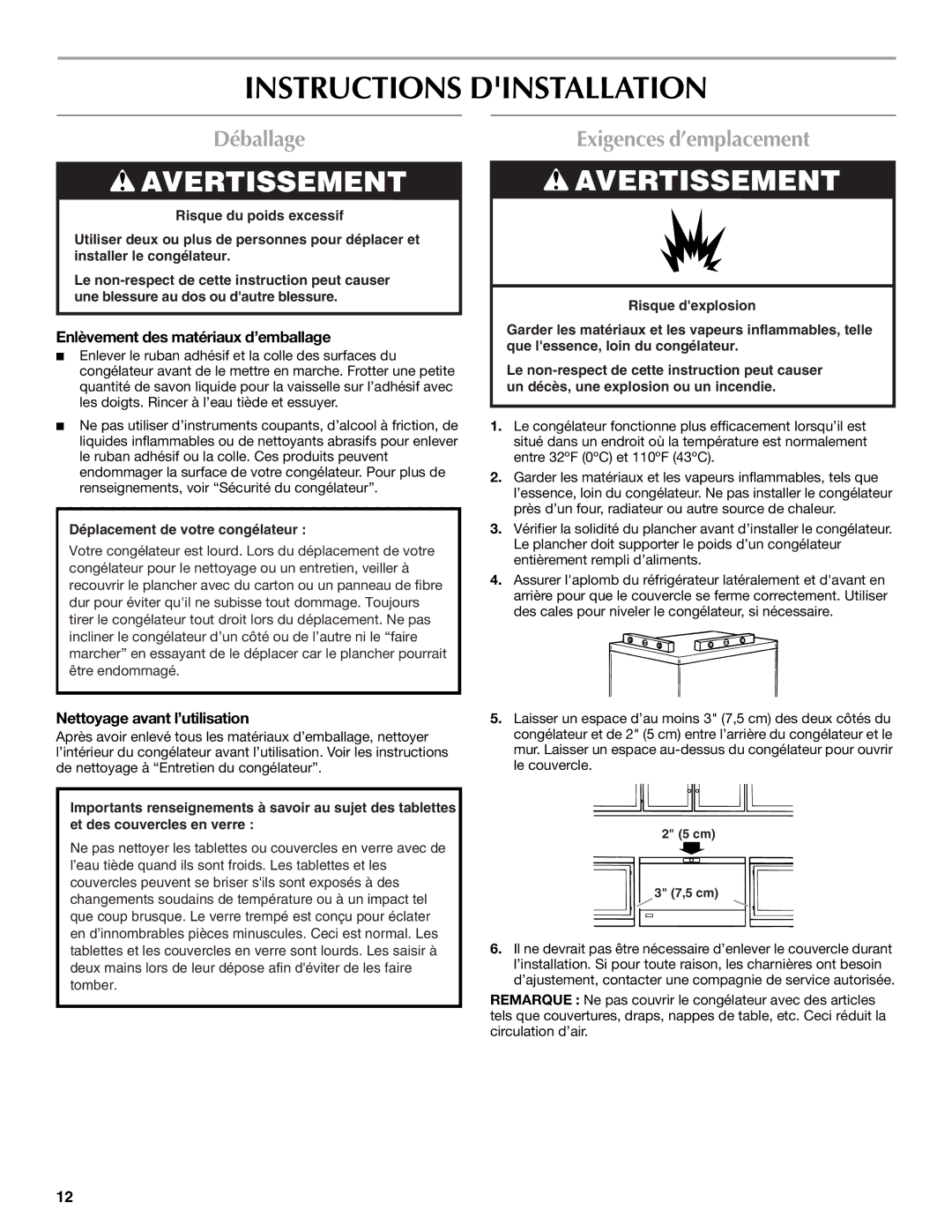 Maytag W10326795A Instructions Dinstallation, Déballage, Exigences d’emplacement, Enlèvement des matériaux d’emballage 