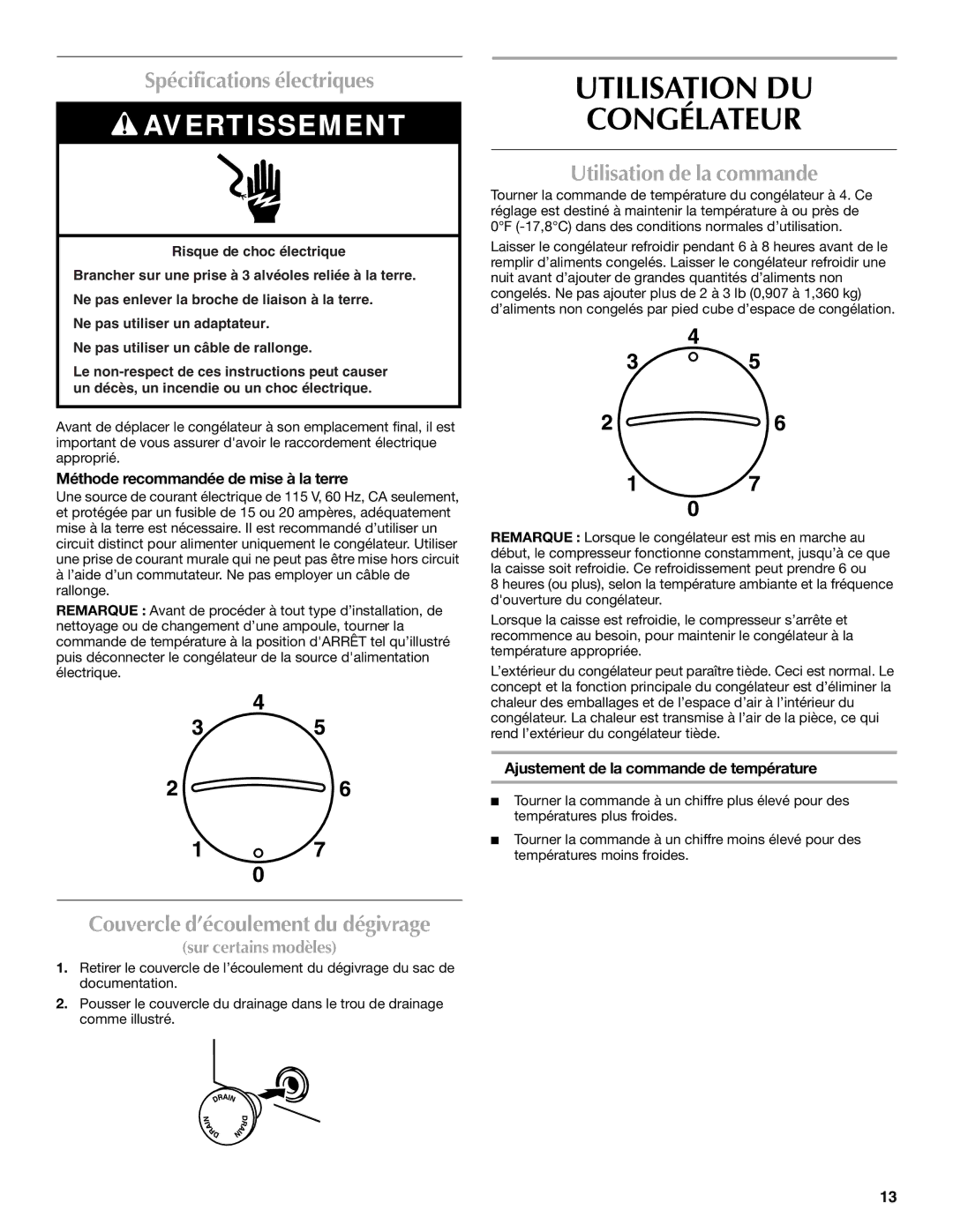 Maytag W10326795A manual Utilisation DU Congélateur, Spécifications électriques, Utilisation de la commande 