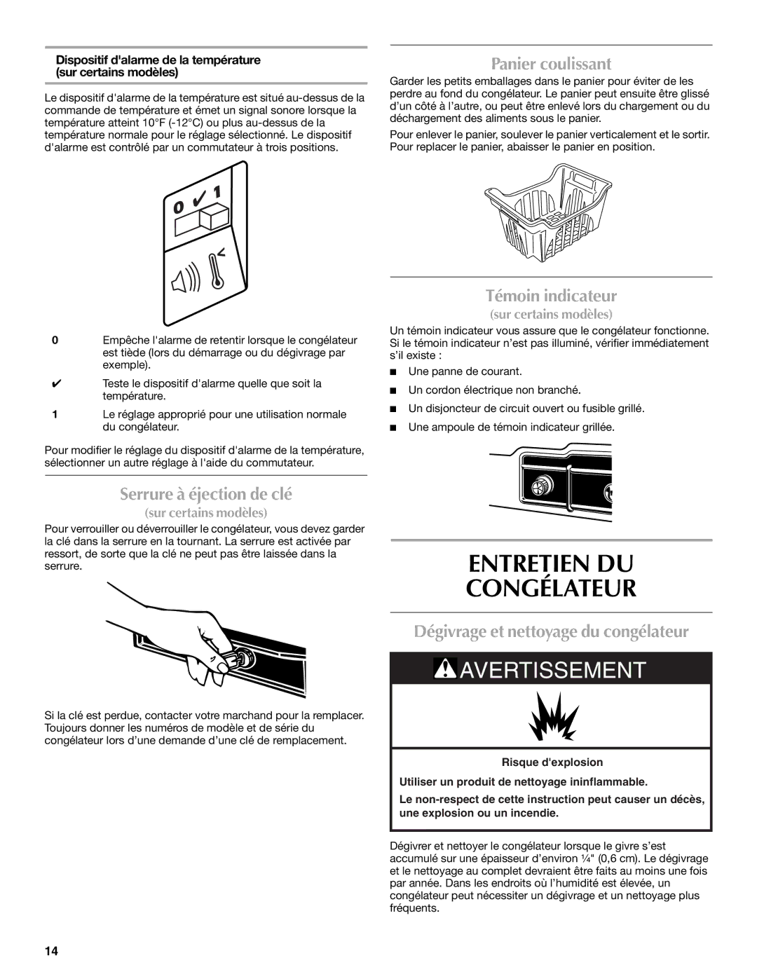 Maytag W10326795A manual Entretien DU Congélateur, Serrure à éjection de clé, Panier coulissant, Témoin indicateur 