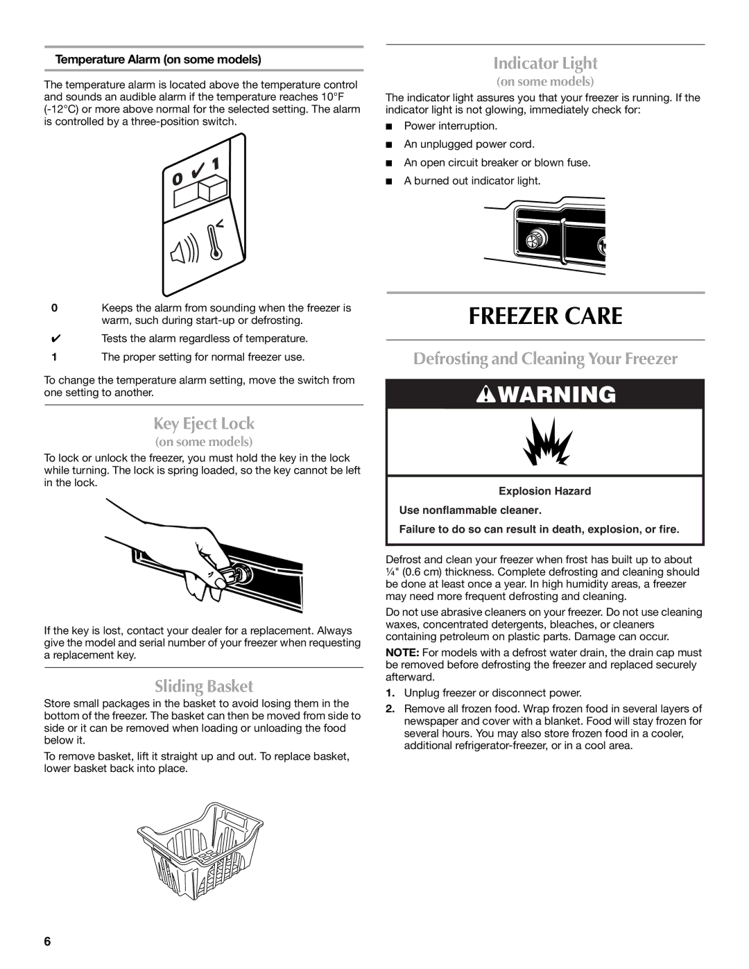 Maytag W10326795A Freezer Care, Indicator Light, Key Eject Lock, Sliding Basket, Defrosting and Cleaning Your Freezer 