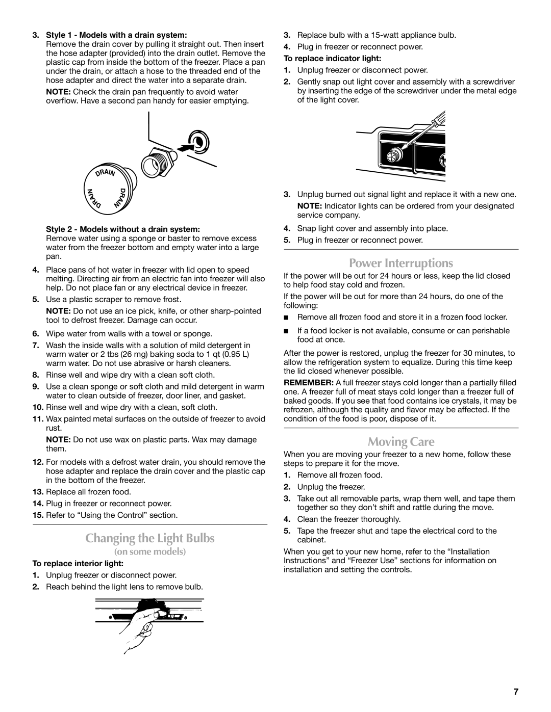 Maytag W10326795A manual Changing the Light Bulbs, Power Interruptions, Moving Care 