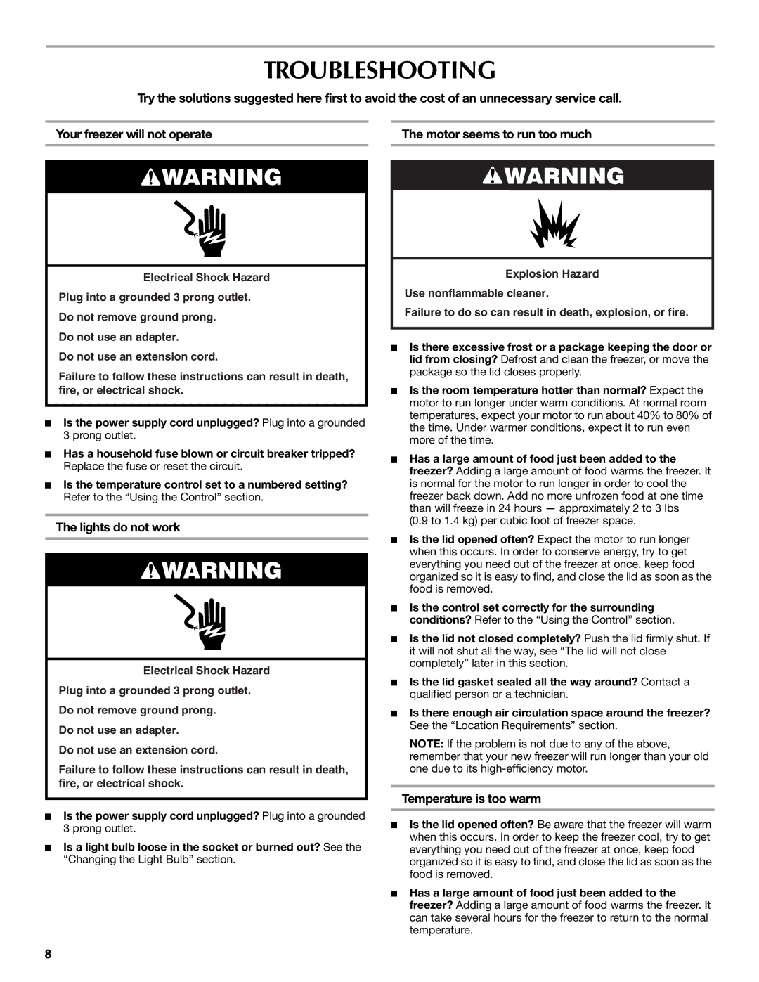 Maytag W10326795A manual Troubleshooting, Lights do not work, Temperature is too warm 