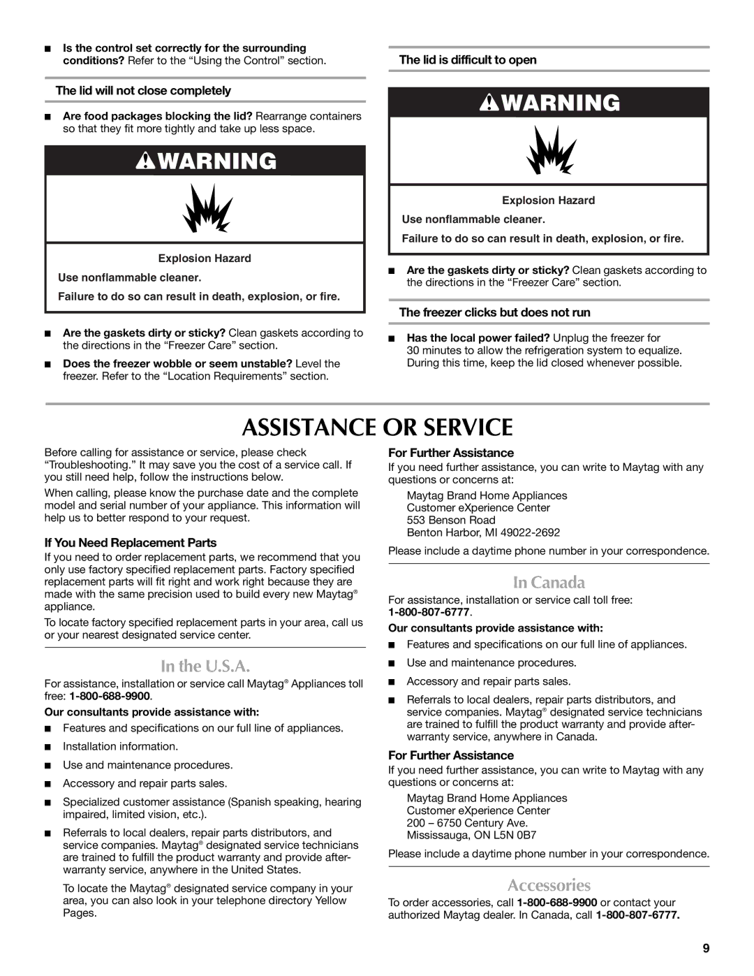 Maytag W10326795A manual Assistance or Service, U.S.A, Canada, Accessories 