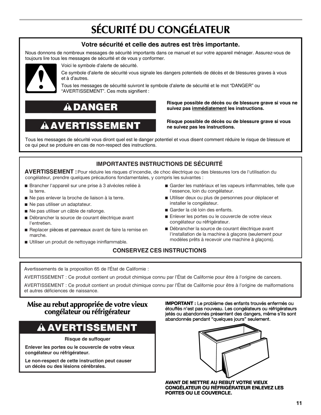 Maytag W10326795A Sécurité Du Congélateur, Danger Avertissement, congélateur ou réfrigérateur, Conservez Ces Instructions 