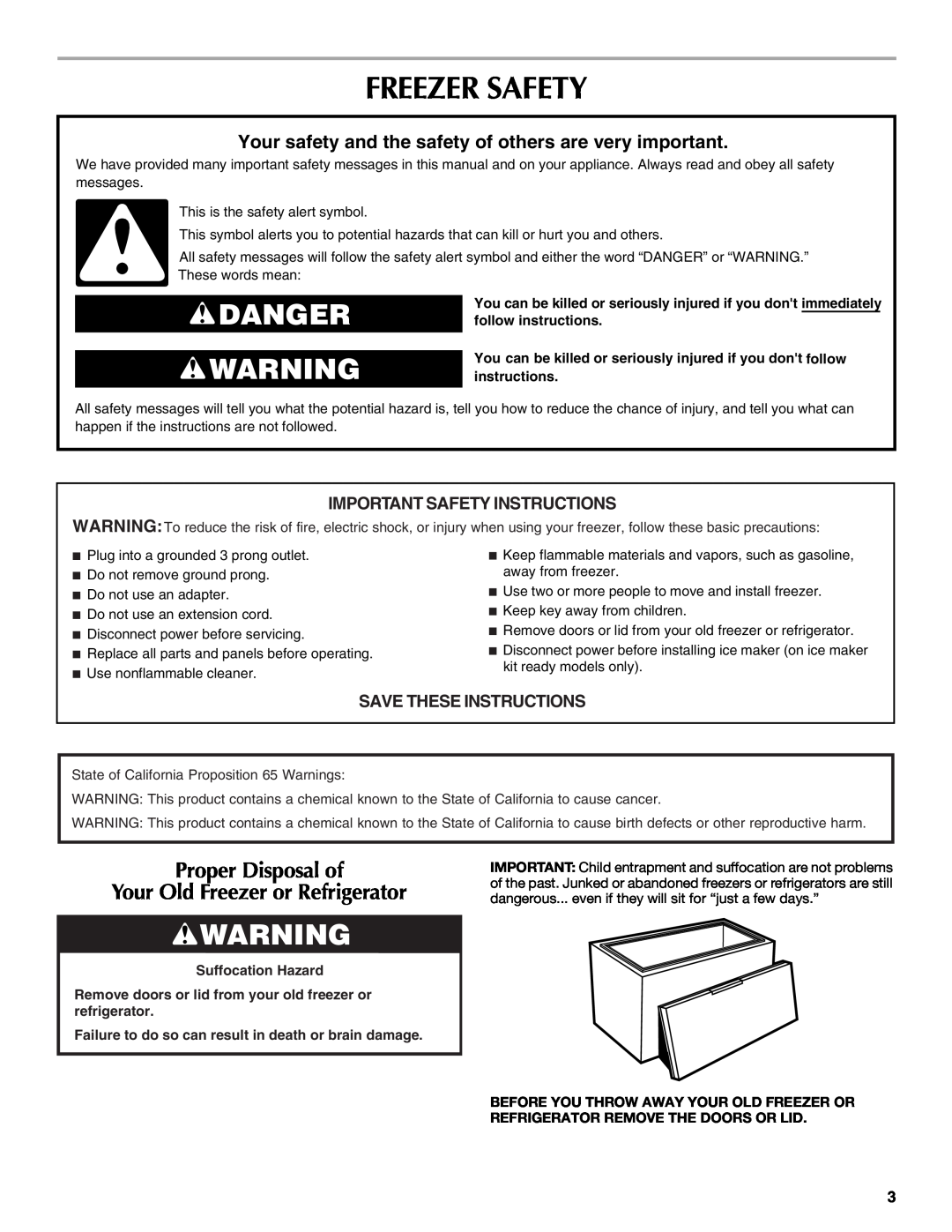 Maytag W10326795A Freezer Safety, Danger, Proper Disposal of Your Old Freezer or Refrigerator, Save These Instructions 