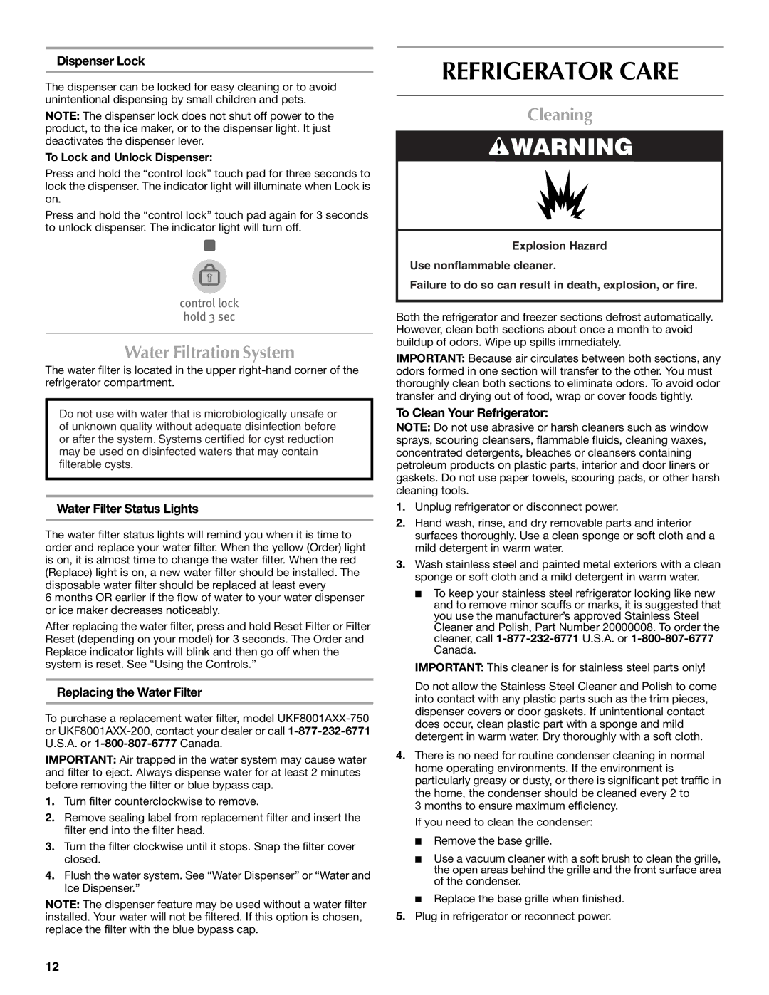 Maytag W10329357A installation instructions Refrigerator Care, Water Filtration System, Cleaning 