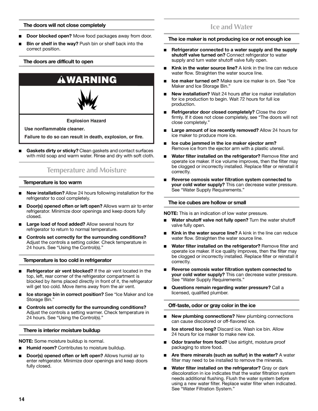 Maytag W10329357A installation instructions Temperature and Moisture, Ice and Water 