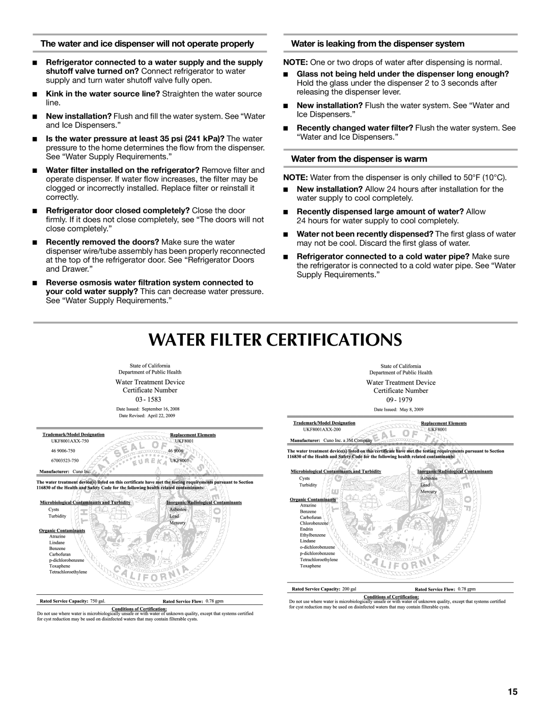 Maytag W10329357A installation instructions Water Filter Certifications, Water and ice dispenser will not operate properly 