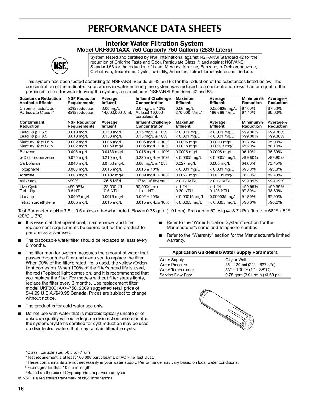 Maytag W10329357A installation instructions Performance Data Sheets, Application Guidelines/Water Supply Parameters 