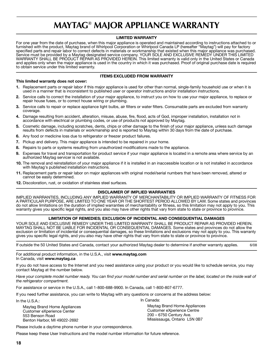 Maytag W10329357A installation instructions Maytag Major Appliance Warranty, Limited Warranty, Items Excluded from Warranty 