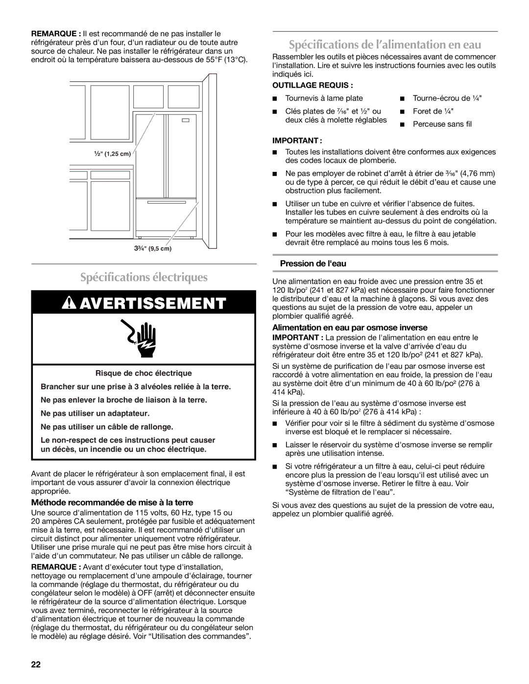 Maytag W10329357A Spécifications électriques, Spécifications de l’alimentation en eau, Pression de leau 