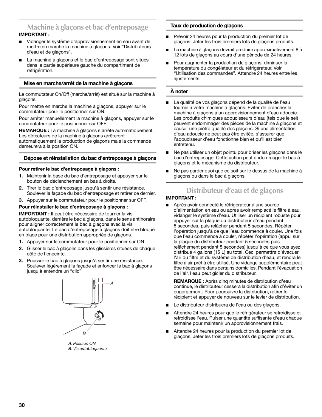 Maytag W10329357A installation instructions Distributeur d’eau et de glaçons, Mise en marche/arrêt de la machine à glaçons 