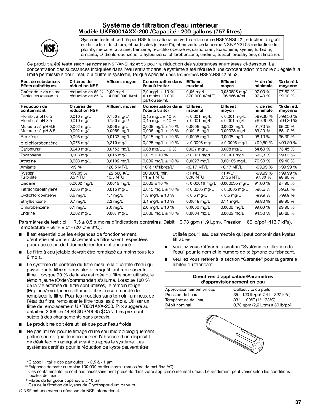 Maytag W10329357A installation instructions Modèle UKF8001AXX-200 /Capacité 200 gallons 757 litres 