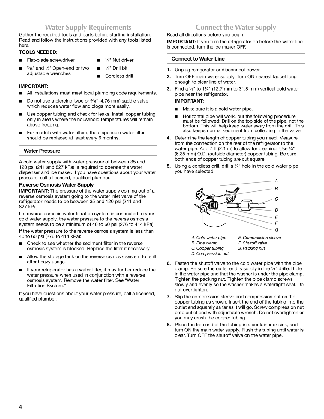 Maytag W10329357A Water Supply Requirements, Connect the Water Supply, Water Pressure, Reverse Osmosis Water Supply 