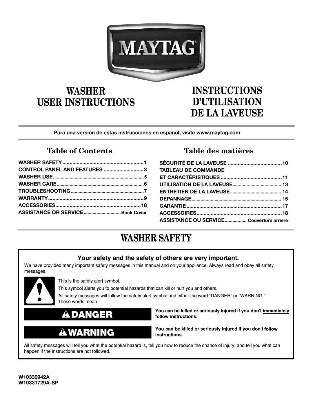 Maytag W10330942A, W10331729A-SP warranty Washer Safety, User Instructions ’UTILISATION 