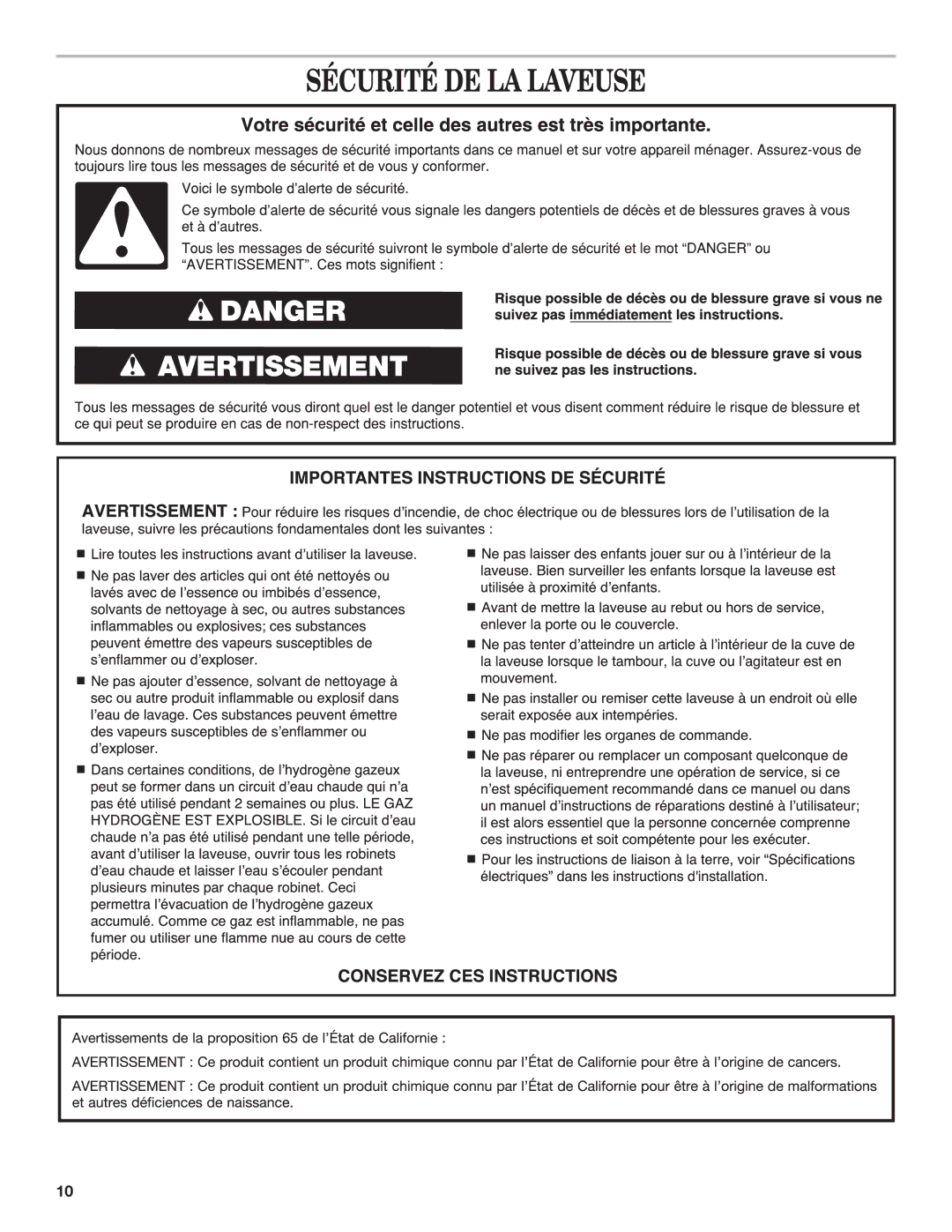 Maytag W10331729A-SP, W10330942A warranty Sécurité DE LA Laveuse 