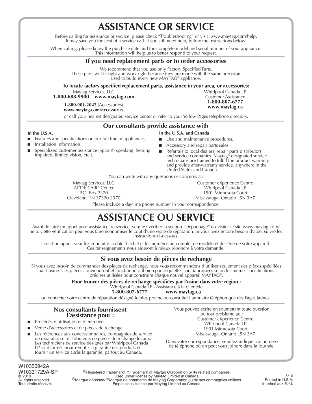 Maytag warranty W10330942A W10331729A-SP, U.s.A. and canada 