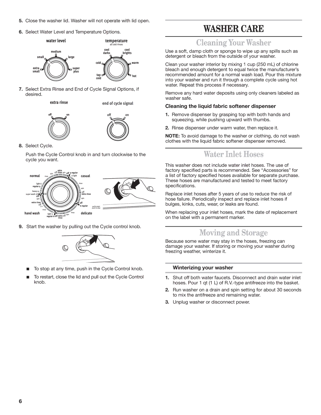 Maytag W10331729A-SP, W10330942A Washer Care, Cleaning the liquid fabric softener dispenser, Winterizing your washer 