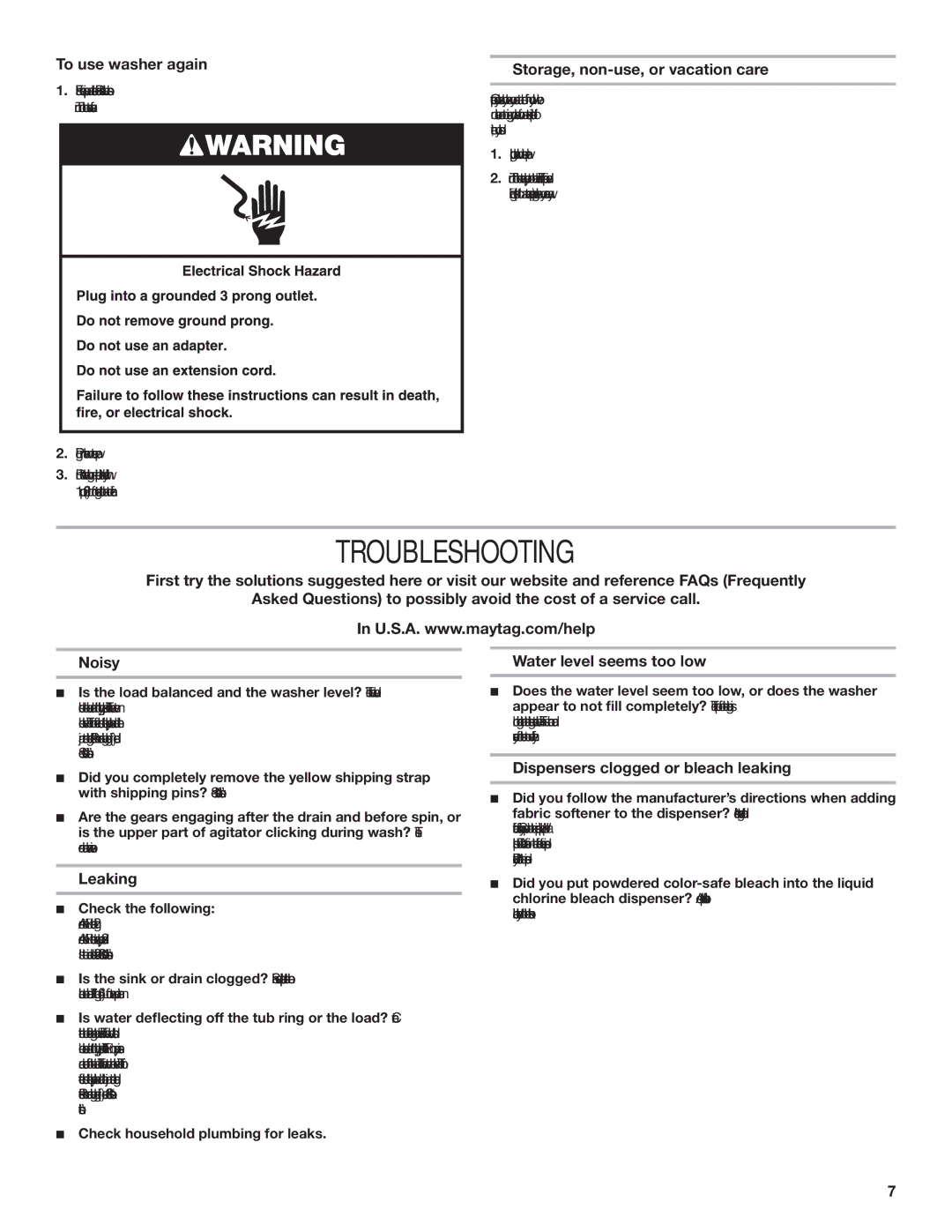 Maytag W10330942A, W10331729A-SP warranty Troubleshooting, To use washer again, Storage, non-use, or vacation care, Leaking 