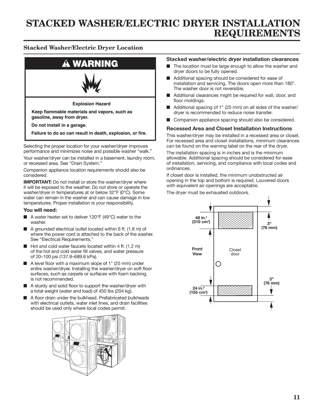 Maytag W10335465B Stacked WASHER/ELECTRIC Dryer Installation Requirements, Stacked Washer/Electric Dryer Location 