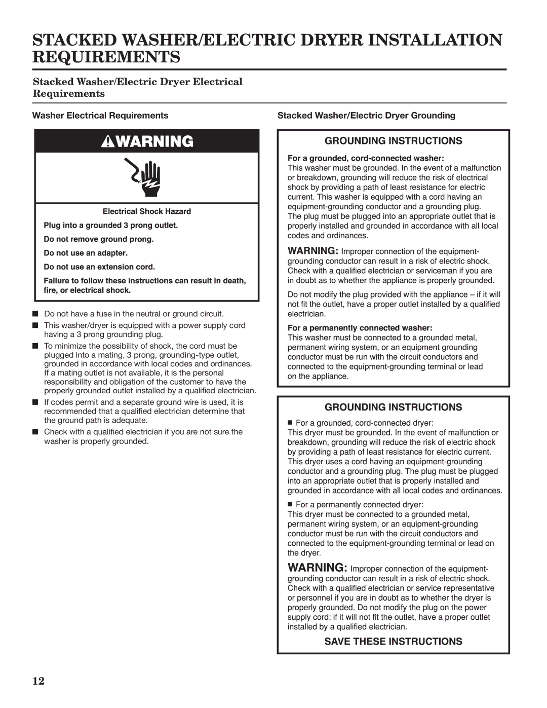 Maytag W10335465B installation instructions Stacked Washer/Electric Dryer Electrical Requirements 